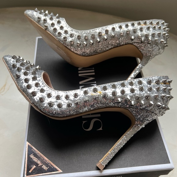 Shoemint Zoe Silver Glitter Studded Stilettos 7 - Picture 6 of 9